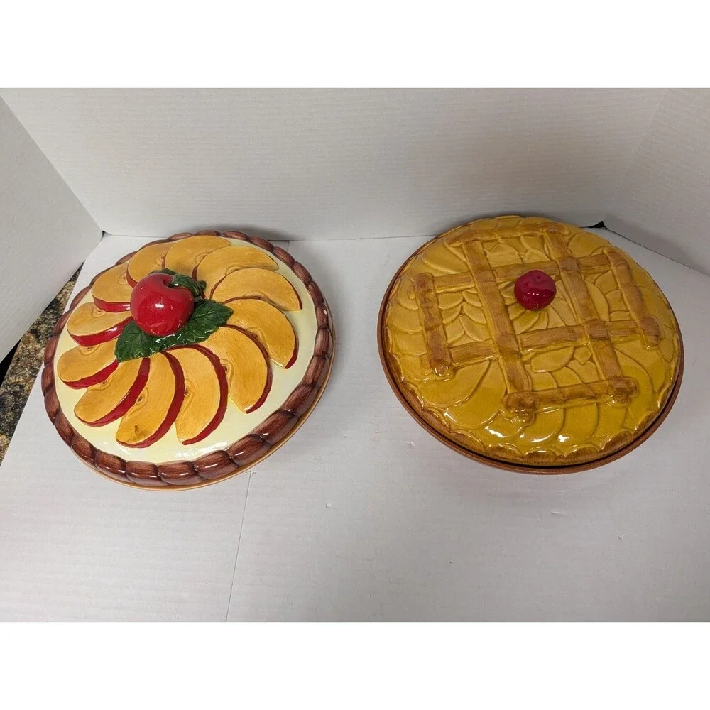 2 Vintage Ceramic Lidded Apple Pie Keepers/ Serving Dish 12.5